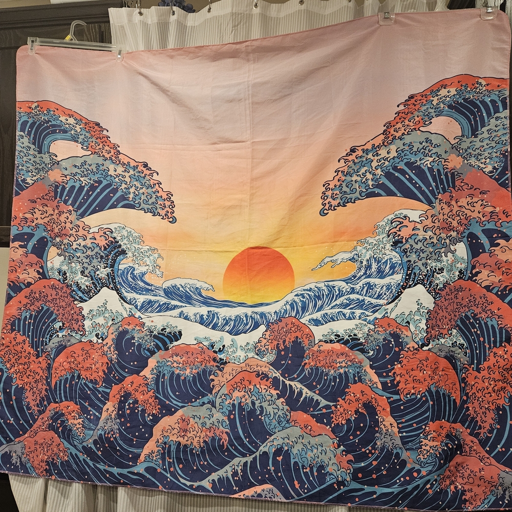 Japanese Wave Sunset Multicolor Tapestry 52x58in Art